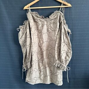 Fanco Green Embroidered Eyelet Lace Sheath Dress No Shoulder Long Sleeve Mini S